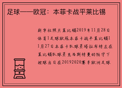 足球——欧冠：本菲卡战平莱比锡