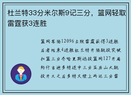 杜兰特33分米尔斯9记三分，篮网轻取雷霆获3连胜